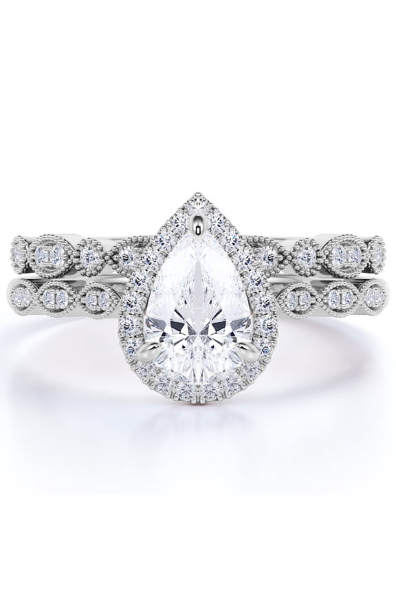 1.5 Carat pear cut Moissanite Halo Wedding Set in 18k White Gold Over Silver