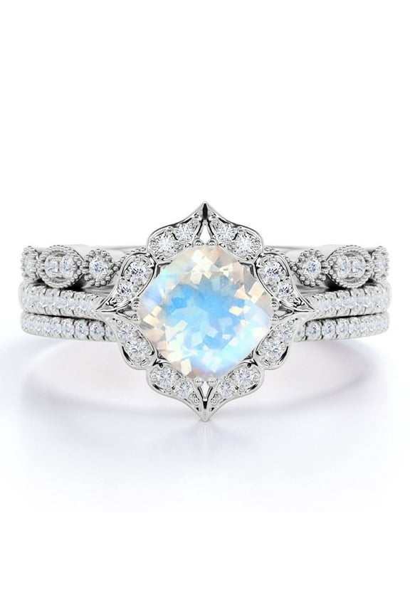 1.5 carat Cushion Faceted Blue Moonstone and Moissanite Infinity Trio Wedding Ring Set in 18k White Gold over Silver
