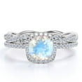 thumbnail image 1 of JeenMata 1.5 carat Cushion Faceted Blue Moonstone and Moissanite Twisted Bridal Ring Set in 18k White Gold over Silver, 1 of 6
