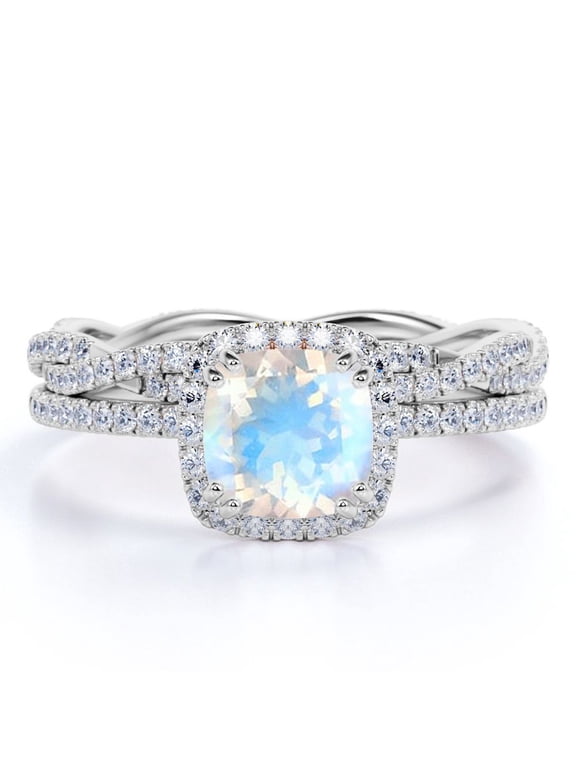 1.5 carat Cushion Faceted Blue Moonstone and Moissanite Twisted Bridal Ring Set in 18k White Gold over Silver