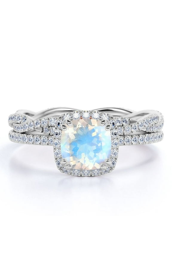 1.5 carat Cushion Faceted Blue Moonstone and Moissanite Twisted Bridal Ring Set in 18k White Gold over Silver
