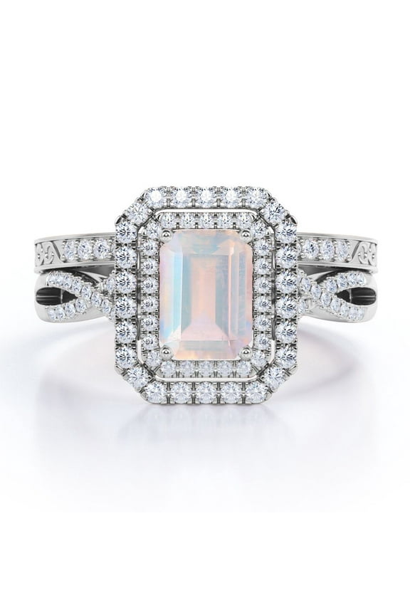 1.5 carat Emerald Cut Real Moonstone and Moissanite - Infinity Duo Halo - Art Deco Filigree Wedding Ring Set - 18K White Gold Plating over Silver