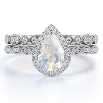 JeenMata 1.5 carat Pear Faceted Rainbow Moonstone and Moissanite Art Deco Bridal Ring Set in 18k White Gold over Silver