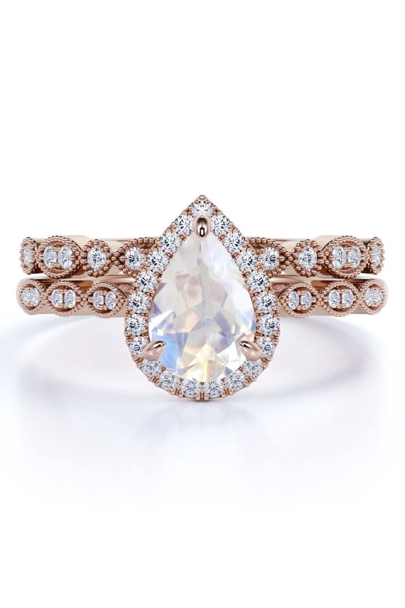 1.5 carat Pear Shaped Blue Moonstone and Moissanite Art Deco Bridal Set in 18k Rose Gold over Silver