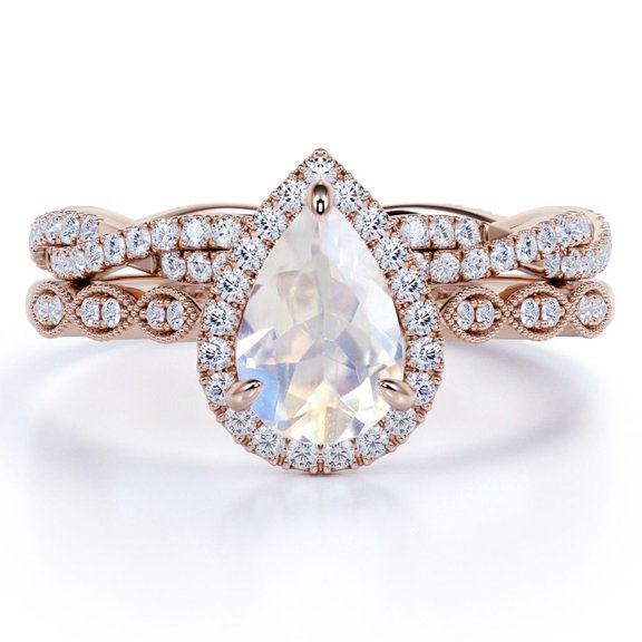 JeenMata 1.5 carat Pear Shaped Rainbow Moonstone and Moissanite Infinity Bridal Set in 18k Rose Gold over Silver