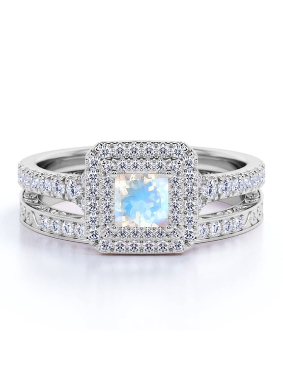 1.5 carat Princess Cut Blue Moonstone and Moissanite Halo Bridal Ring Set in 18k White Gold over Silver