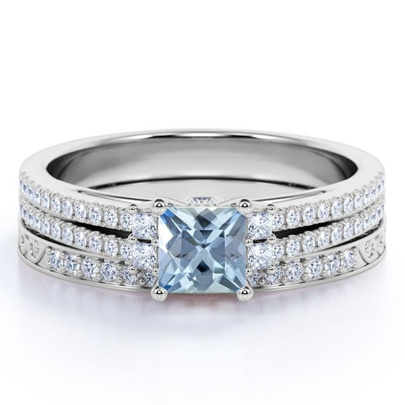 JeenMata 1.5 carat Princess Cut Dark Blue Created Aquamarine Pave Milgrain Wedding Ring Set in 18k White Gold over Silver