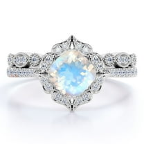 JeenMata 1.5 carat Princess Faceted Rainbow Moonstone and Moissanite V Shank Bridal Ring Set in 18k White Gold over Silver