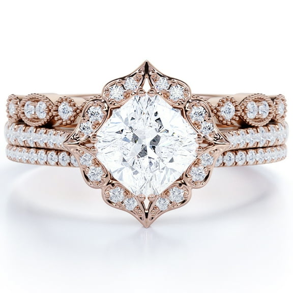 JeenMata 1.5 carat Princess cut Moissanite Wedding Trio Ring Set in 18k Rose Gold Over Silver