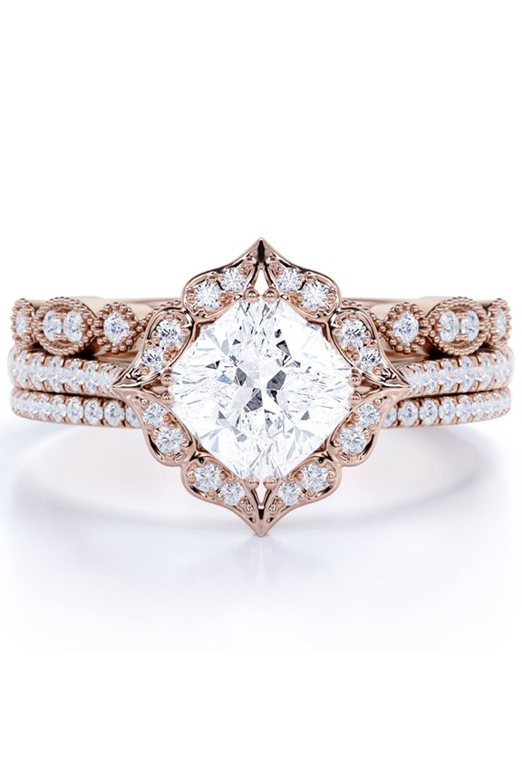 1.5 carat Princess cut Moissanite Wedding Trio Ring Set in 18k Rose Gold Over Silver