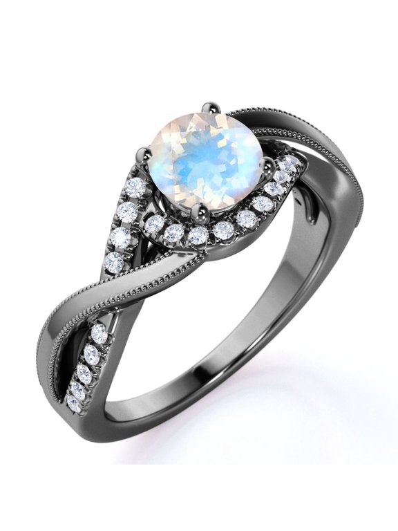 1.5 carat Round Cut Moonstone and Moissanite Unique Infinity Design Engagement Ring in 18k Black Gold over Silver