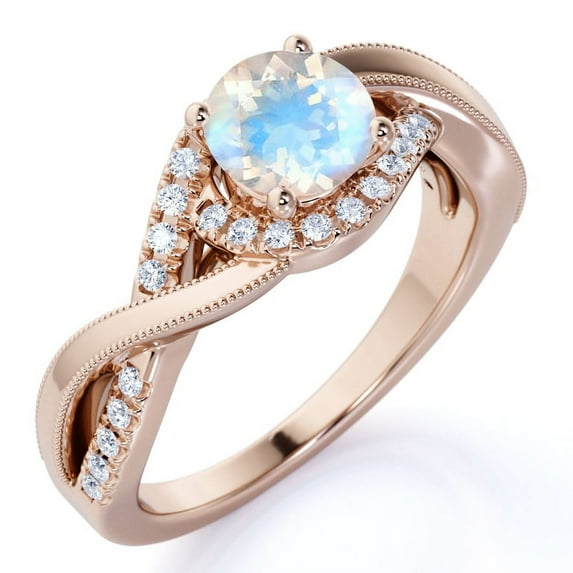 JeenMata 1.5 carat Round Cut Moonstone and Moissanite Unique Infinity Design Engagement Ring in 18k Rose Gold over Silver
