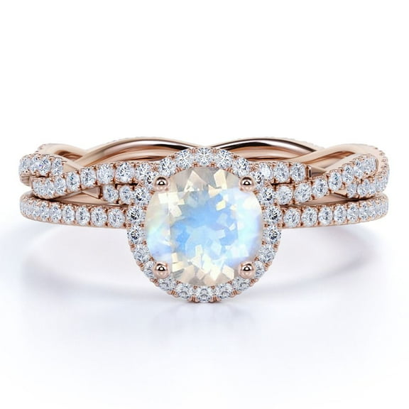 JeenMata 1.5 carat Round Cut Rainbow Moonstone and Moissanite Infinity Twisted Bridal Set in 18k Rose Gold over Silver