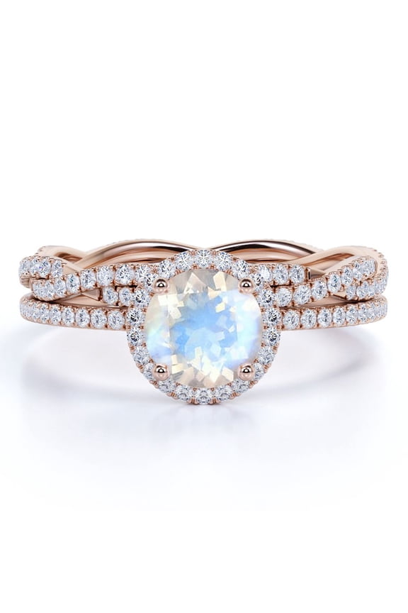 1.5 carat Round Cut Rainbow Moonstone and Moissanite Infinity Twisted Bridal Set in 18k Rose Gold over Silver