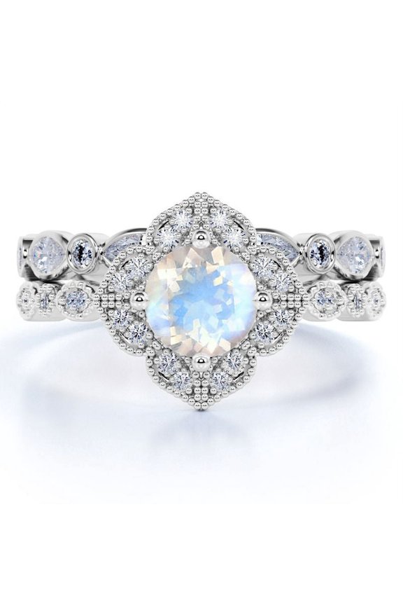 1.5 carat Round Faceted Rainbow Moonstone and Moissanite Antique Bridal Ring Set in 18k White Gold over Silver