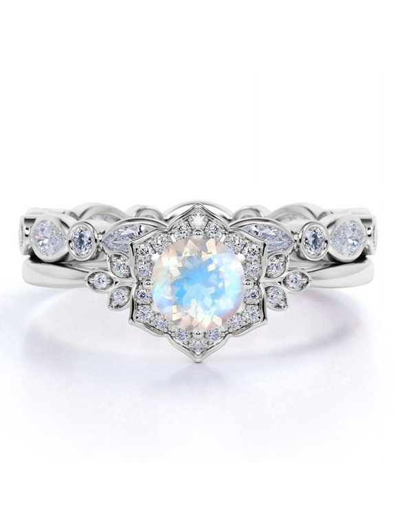 1.5 carat Round Faceted Rainbow Moonstone and Moissanite Eternity Bridal Ring Set in 18k White Gold over Silver