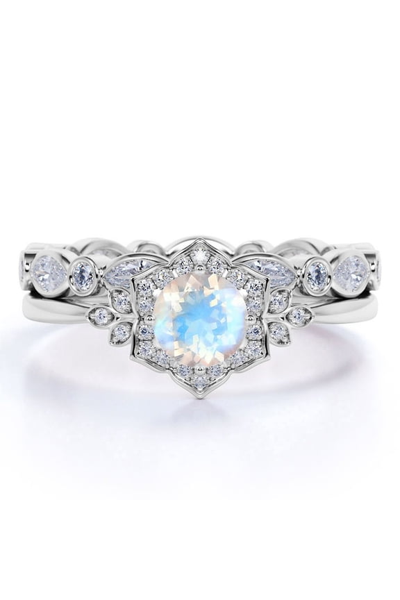 1.5 carat Round Faceted Rainbow Moonstone and Moissanite Split Shank Bridal Ring Set in 18k White Gold over Silver