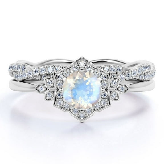 JeenMata 1.5 carat Round Faceted Rainbow Moonstone and Moissanite V Shank Bridal Ring Set in 18k White Gold over Silver