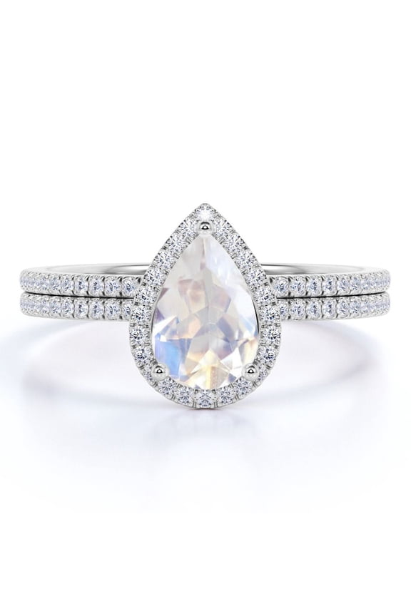 1.5 carat Teardrop Rainbow Moonstone and Moissanite Eternity Bridal Ring Set in 18k White Gold over Silver
