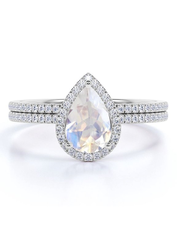 1.5 carat Teardrop Rainbow Moonstone and Moissanite Eternity Bridal Ring Set in 18k White Gold over Silver