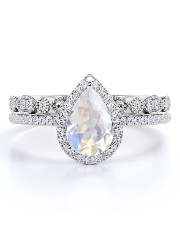 1.5 carat Teardrop Rainbow Moonstone and Moissanite Vintage Bridal Ring Set in 18k White Gold over Silver