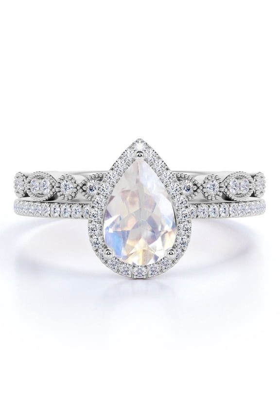 1.5 carat Teardrop Rainbow Moonstone and Moissanite Vintage Bridal Ring Set in 18k White Gold over Silver