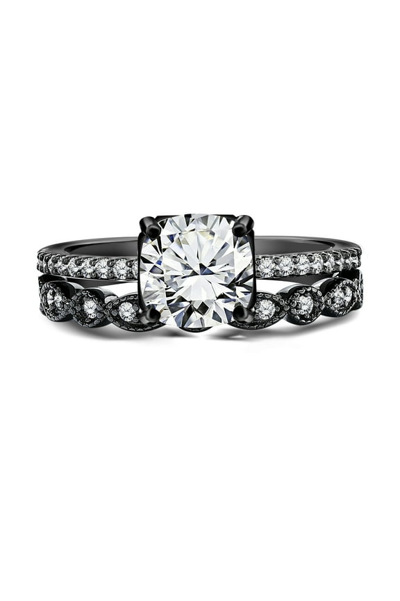 1.5 ct - Cushion Cut Moissanite - Pave Set - Simple Thin Band - Vintage Style Gothic Wedding Ring Set in 18K Black Gold over Silver