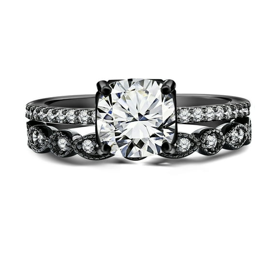 JeenMata 1.5 ct - Cushion Cut Moissanite - Pave Set - Simple Thin Band - Vintage Style Gothic Wedding Ring Set in 18K Black Gold over Silver