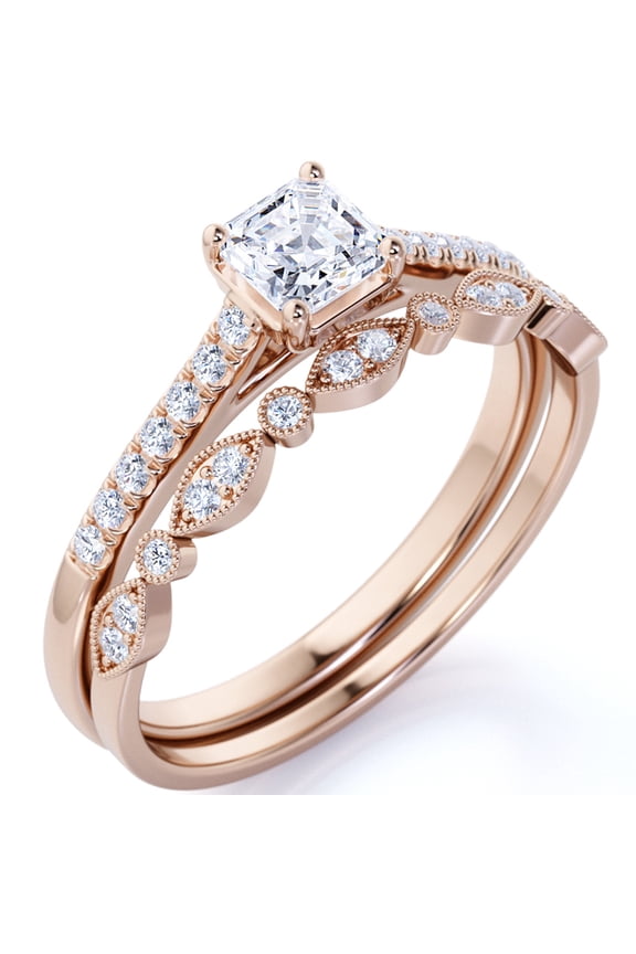 1.5 ct - Cushion Cut Moissanite - Pave Set - Simple Thin Band - Vintage Style Wedding Ring Set in 18K Rose Gold over Silver