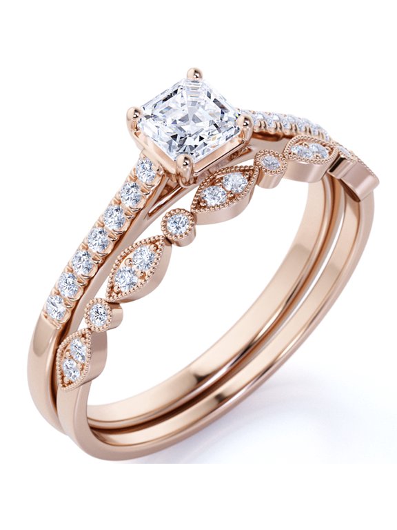 1.5 ct - Cushion Cut Moissanite - Pave Set - Simple Thin Band - Vintage Style Wedding Ring Set in 18K Rose Gold over Silver