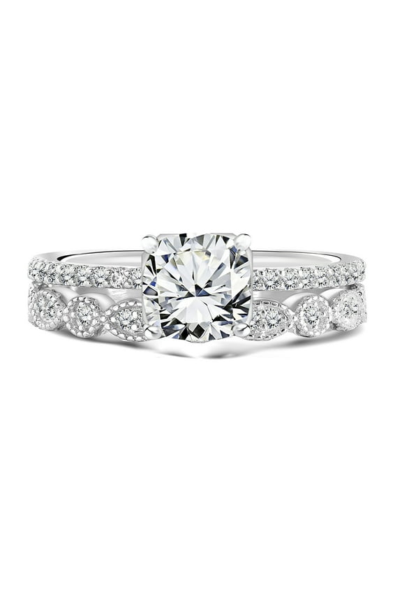 1.5 ct - Cushion Cut Moissanite - Pave Set - Simple Thin Band - Vintage Style Wedding Ring Set in 18K White Gold over Silver