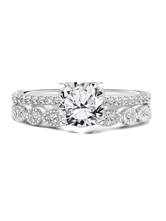 1.5 ct - Cushion Cut Moissanite - Pave Set - Simple Thin Band - Vintage Style Wedding Ring Set in 18K White Gold over Silver