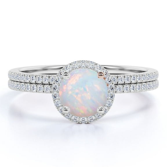 JeenMata 1.5 ct Natural Round Opal and Moissanite Wedding Ring Set in 18K White Gold over Silver