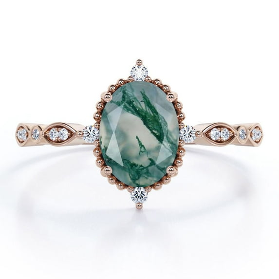 JeenMata 1.5 ct Oval Cut Natural Green Moss Agate and Moissanite - Artsy Alternative Engagement Ring - Handmade Wedding Ring in 18K Rose Gold Over Silver