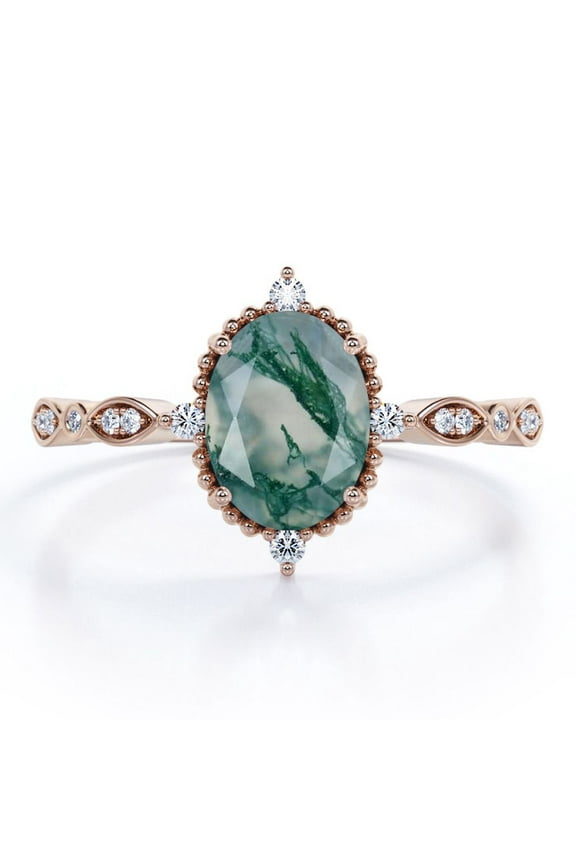 1.5 ct Oval Cut Natural Green Moss Agate and Moissanite - Artsy Alternative Engagement Ring - Handmade Wedding Ring in 18K Rose Gold Over Silver