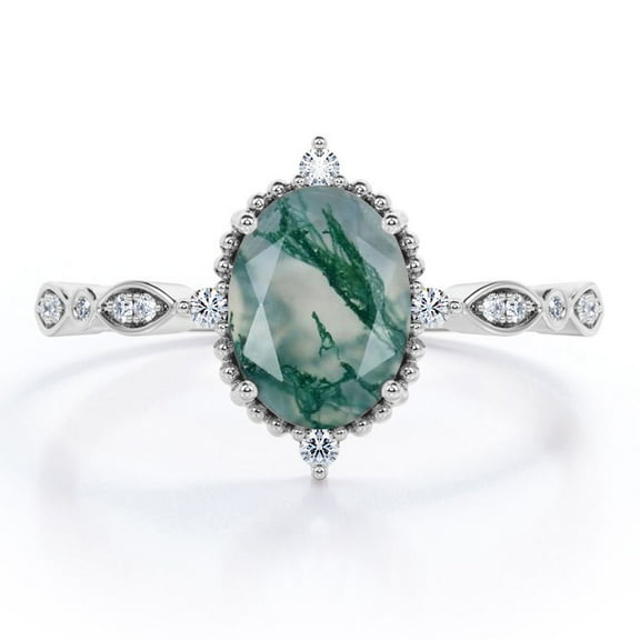 JeenMata 1.5 ct Oval Cut Natural Green Moss Agate and Moissanite - Artsy Alternative Engagement Ring - Handmade Wedding Ring in 18K White Gold Over Silver