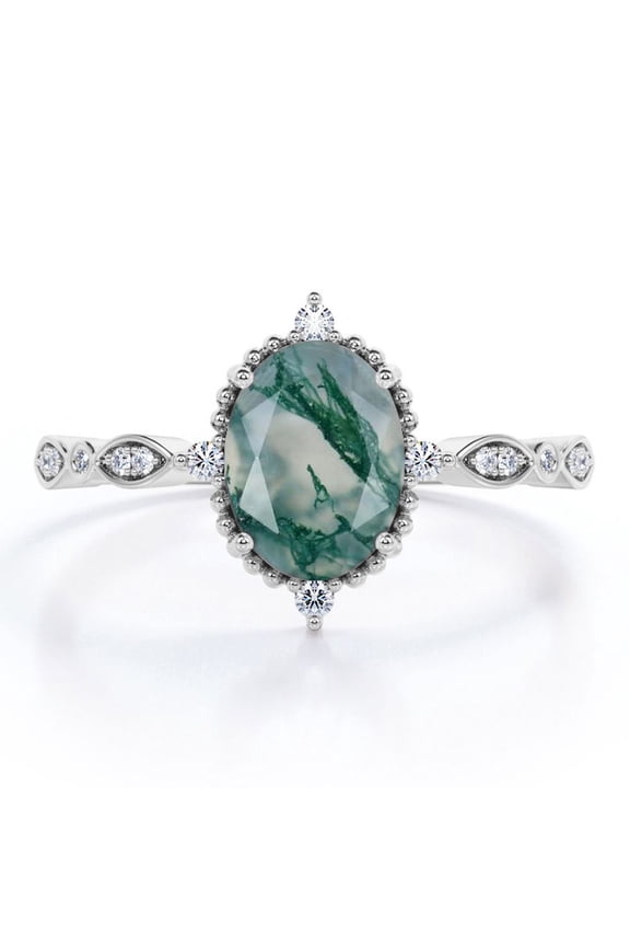 1.5 ct Oval Cut Natural Green Moss Agate and Moissanite - Artsy Alternative Engagement Ring - Handmade Wedding Ring in 18K White Gold Over Silver