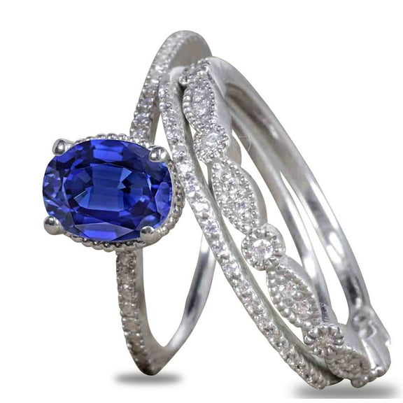 JeenMata 1.5 ct - Oval Lab Created Blue Sapphire - Vintage Style - Trio Wedding Ring Set for Women - 18K White Gold over Silver