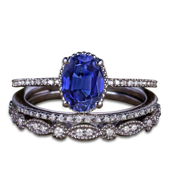 JeenMata 1.5 ct Oval Lab Created Blue Sapphire Wedding Ring - Vintage Design Trio Bridal Ring Set - 18K Black Gold over Silver
