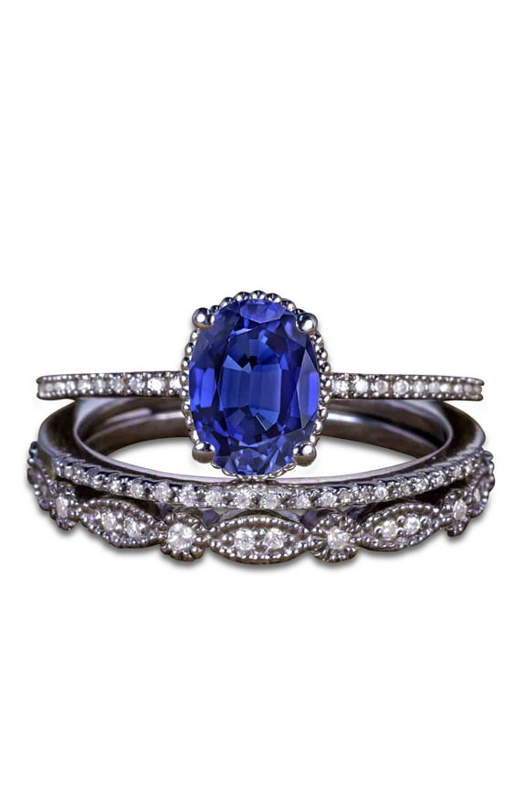 1.5 ct Oval Lab Created Blue Sapphire Wedding Ring - Vintage Design Trio Bridal Ring Set - 18K Black Gold over Silver