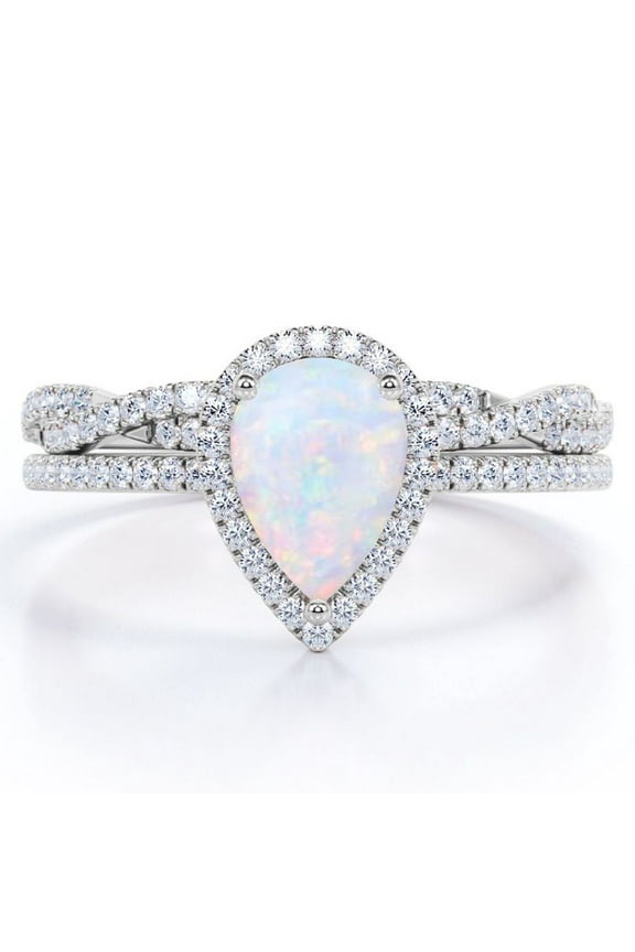 1.5 ct Pear Shaped Created Blue Opal and Moissanite Vintage Bridal Set - Infinity Twisted Wedding Ring Set in 18K White Gold Plating for Women