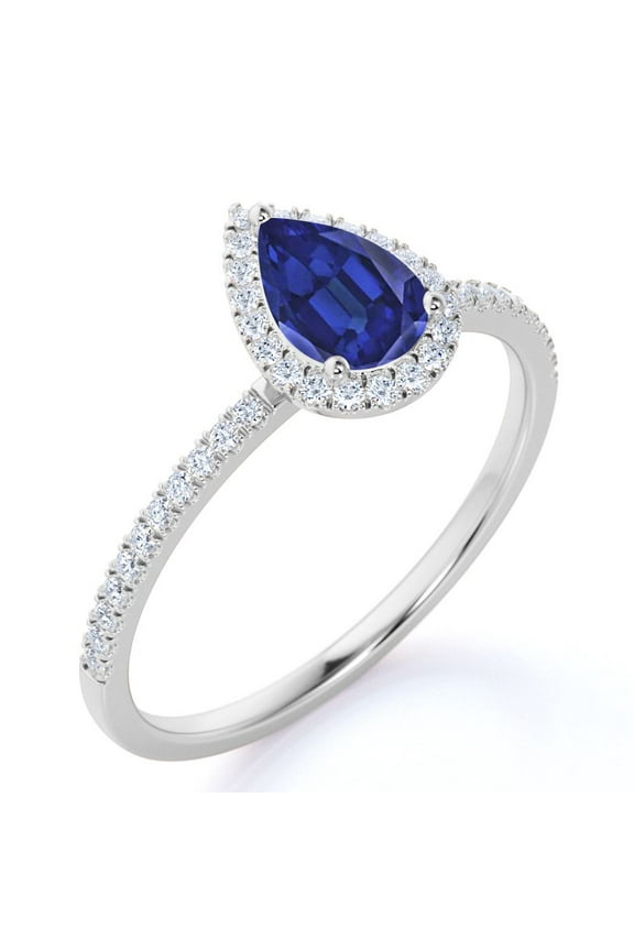 1.25 ct Pear Shaped Lab Created Blue Sapphire Halo Engagement Ring in 18K White Gold over Silver