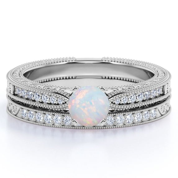 JeenMata 1.5 ct Round Genuine Rainbow Opal Tapered Modern Bridal Set in 18k White Gold over Silver