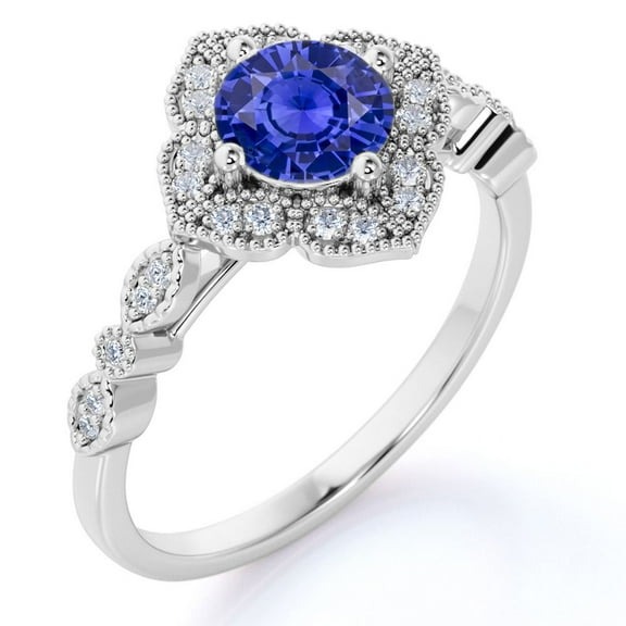 JeenMata 1.5 ct - Round Lab Created Blue Sapphire - Antique - Vintage Engagement Ring - 18K White Gold over Silver