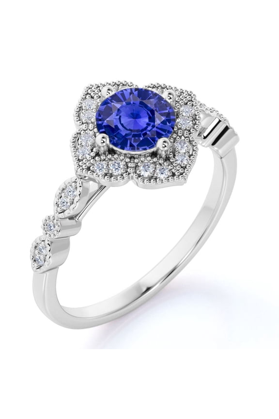 1.5 ct - Round Lab Created Blue Sapphire - Antique - Vintage Engagement Ring - 18K White Gold over Silver