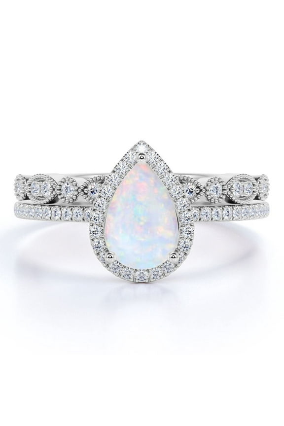 1.5 ct Vintage Teardrop Blue Opal and Moissanite Wedding Ring Set in 18K White Gold over Silver