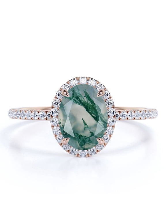 1.50 Carat 4 Prong Ovate Natural Milky White Dendritic Moss Green Agate And Moissanite Pave Halo Engagement Ring In 18K Rose Gold Plating Over Silver