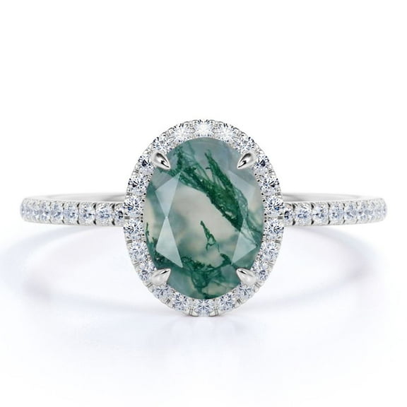 JeenMata 1.50 Carat 4 Prong Ovate Natural Milky White Dendritic Moss Green Agate And Moissanite Pave Halo Engagement Ring In 18K White Gold Plating Over Silver