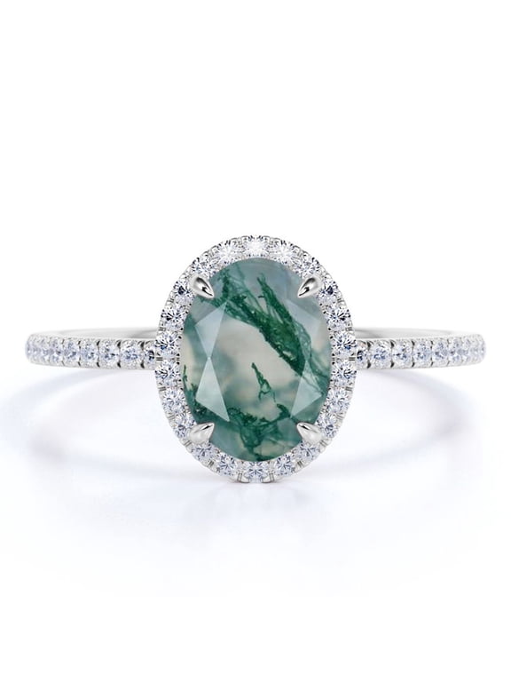 1.50 Carat 4 Prong Ovate Natural Milky White Dendritic Moss Green Agate And Moissanite Pave Halo Engagement Ring In 18K White Gold Plating Over Silver