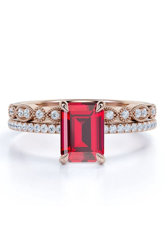 1.50 Carat Emerald Cut Burmese Lab Created Ruby Wedding Set - Eternity Ring Band - 18k Rose Gold over Silver